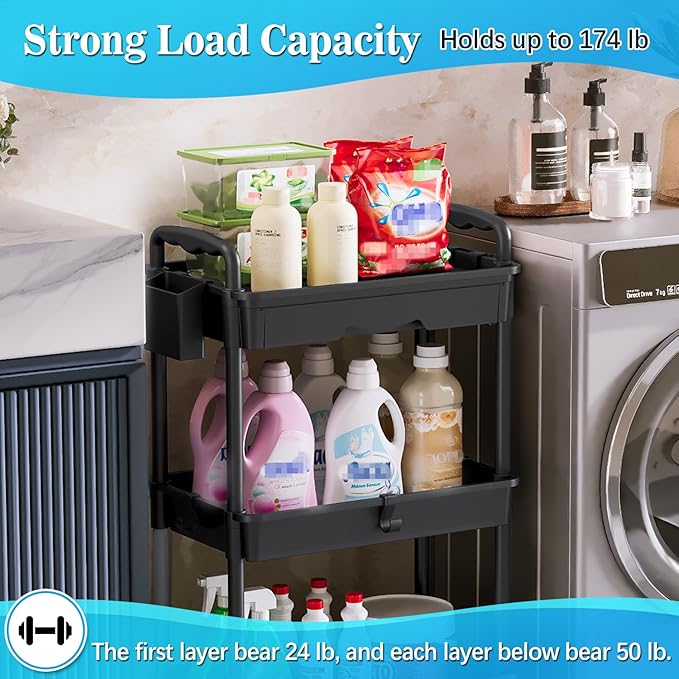 SUNALLY 3 Tier Rolling Cart with Drawer, Bathroom Storage Organizer with 2 Lockable Wheels, Multifunctional Rolling Storage Cart for Bathroom, Kitchen, Office, Craft, Makeup, Baby Essentials, Black
