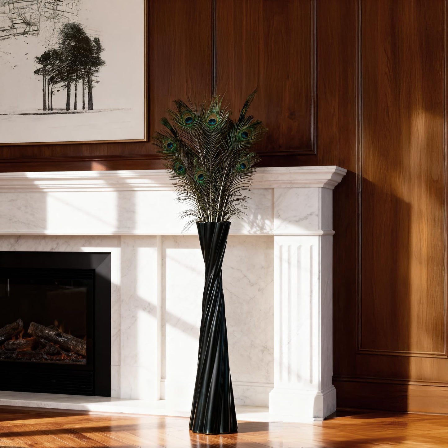 Tall Black Floor Vase 23.6″ – Glossy Twisted Resin Decorative Floor Vase for Pampas Grass, Branches & Dried Flowers, Modern Farmhouse Indoor Home Decor