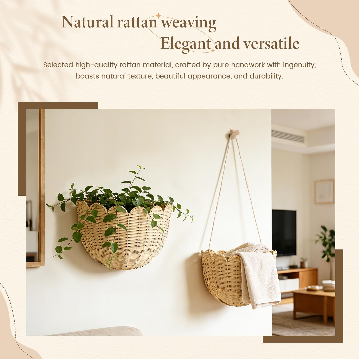 Natural Handwoven Scalloped Wall Basket Set of 2, Premium Rattan Wicker Wall Hanging Organizer for Boho Home Decor, Decorative Wall Storage for Bathroom, Entryway, Living Room & Craft Room