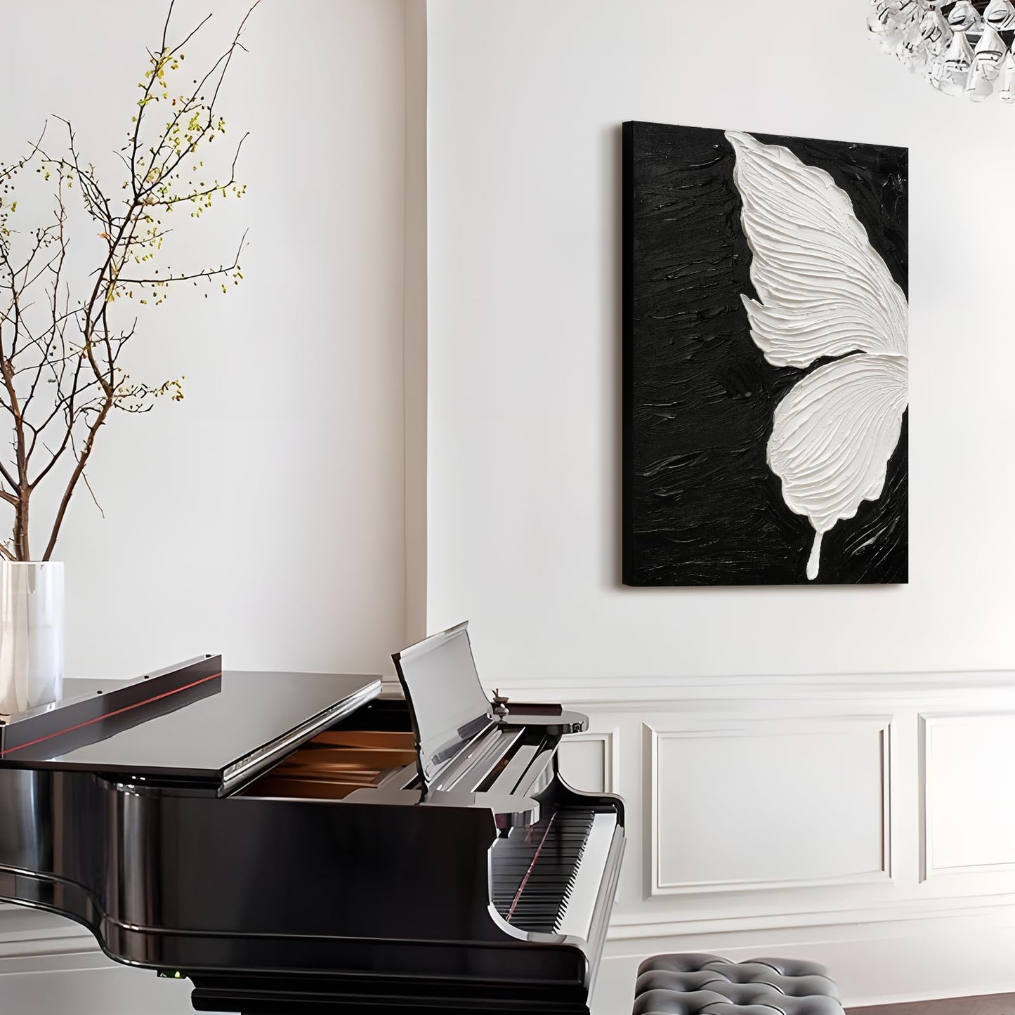 JUHOME Abstract Butterfly Canvas Wall Art – 24x36 Original Hand-Painted Black &White Textured Butterfly Wing Oil Painting on Black Canvas, Modern Minimalist Vertical Wall Decor for Living Room Bedroom