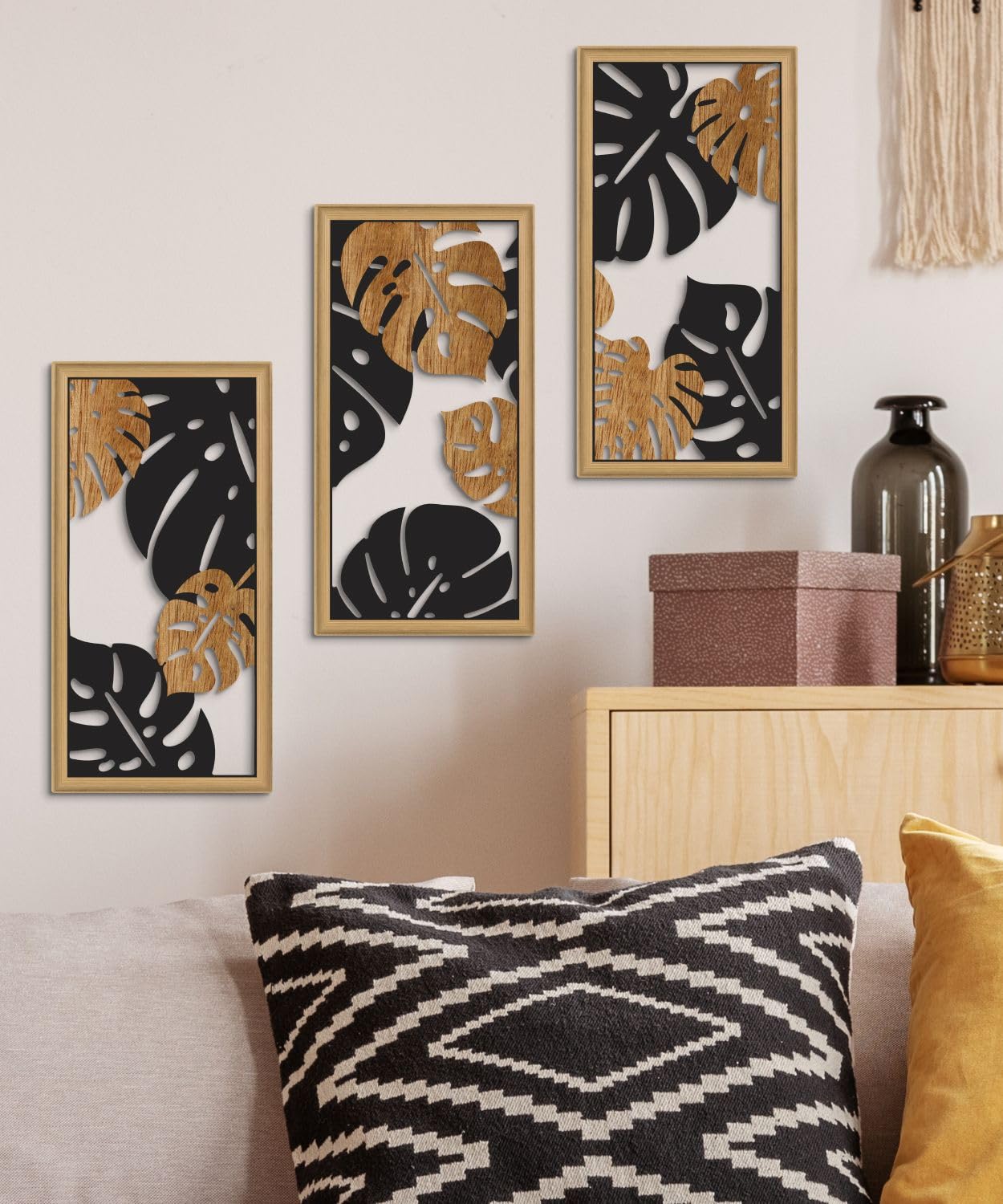 Putuo Decor Monstera Leaf Wall Art, Set of 3 Tropical Plant Aesthetic Boho Decor, Modern Black Botanical Art for Living Room Bedroom Office 16x8 Inches
