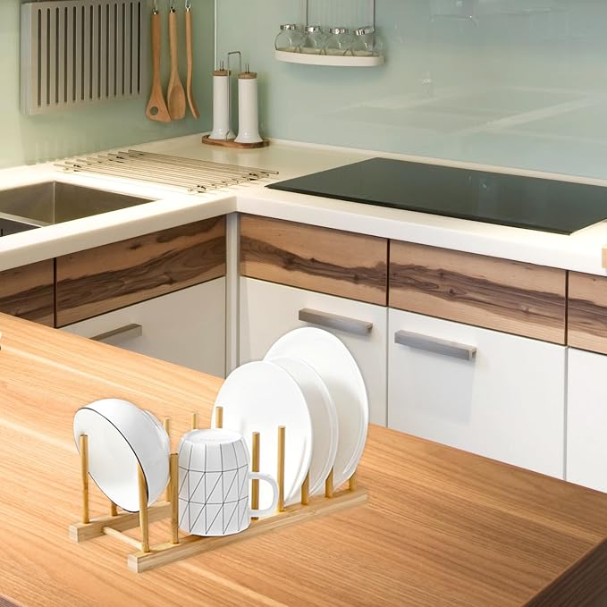 2PC Bamboo Wooden Dish Drying Rack, 8-Slot Plate Rack Cabinet Dish Stand Organizer for Kitchen Counter, Drainer Storage Holder for Bowl/Cup/Lid/Cutting Board/Book, Space-Saving Design