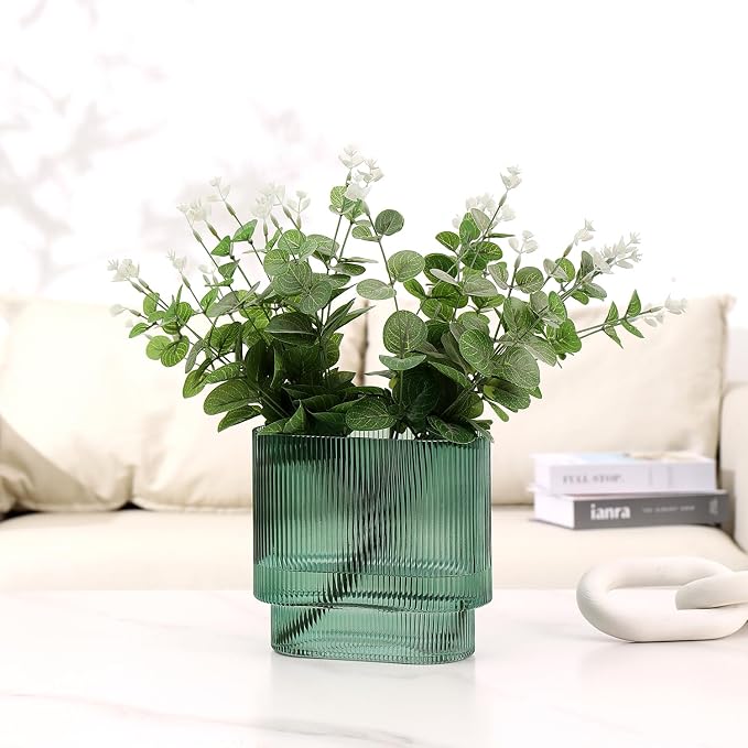 Ribbed Glass Vase, Green Glass Vase, Fluted Short Vases for Flowers, Modern Vases for Living Room, Dining Room, Bathroom, Desk, Shelf, Wedding, Office, 7 Inches