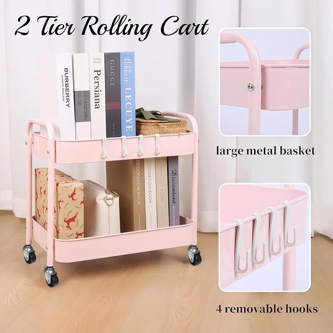 Pink 2 Tier Rolling Cart Metal with Wheels Under Desk Storage Cart for Small Space Organization, Small Trolley for Pantry Room Laundry Bathroom Kitchen Office Art Snack Baby Supplies