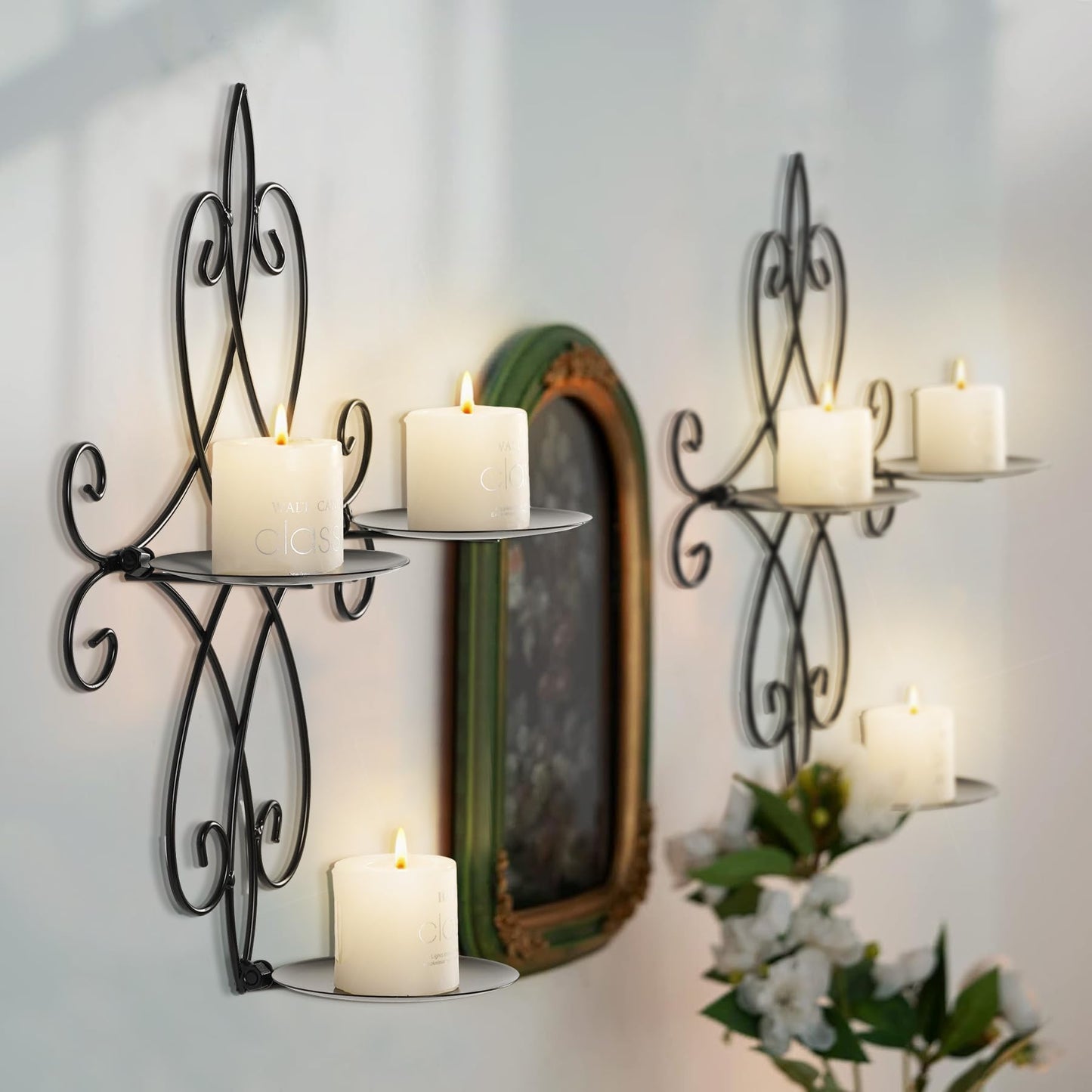 AHUONEL Wall Candle Sconce Holder Set of 2, Metal Wall Sconces Decor Hanging Wall Mounted Candle Stick Holder, Black Candlestick Holders Wall Decor for Bedroom Living Room Dining Room, 14.4"×11.8"