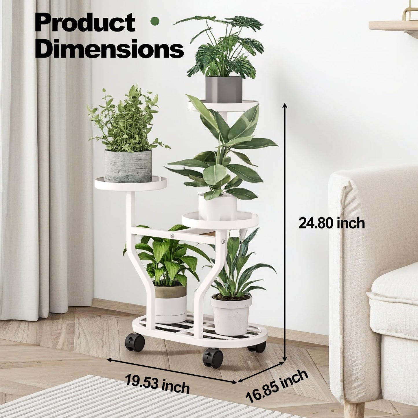 YIZAIJIA Plant Stand with Wheels 3 Tier Metal Plant Holder Corner Flower Shelf for Multiple Plants Display Rack for Bedroom Living Room Balcony Garden White (White, 3 Tier)