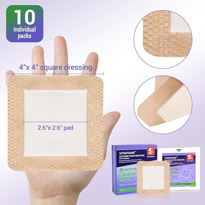 Silicone Foam Dressing 4" x 4" with Border, High Absorbency Wound Bandage, Gentle Adhesion, Soft Breathable Silicone Bandages for Wound Care, Pack of 10