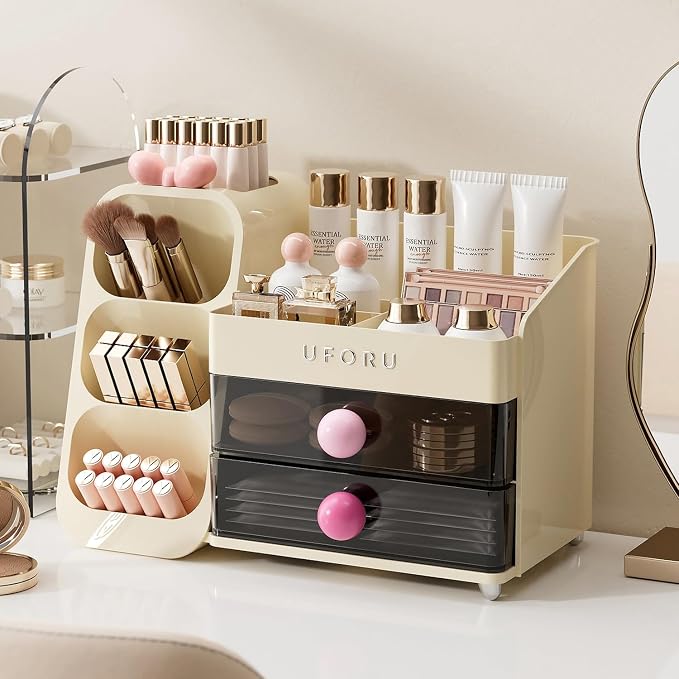 UFORU Makeup Organizer for Vanity with Brush Holder, Large Capacity Bathroom Countertop Skincare Organizer with 2 Drawers, Cosmetic Display Case for Perfumes, Eyeshadow Palettes, Nail Polishes