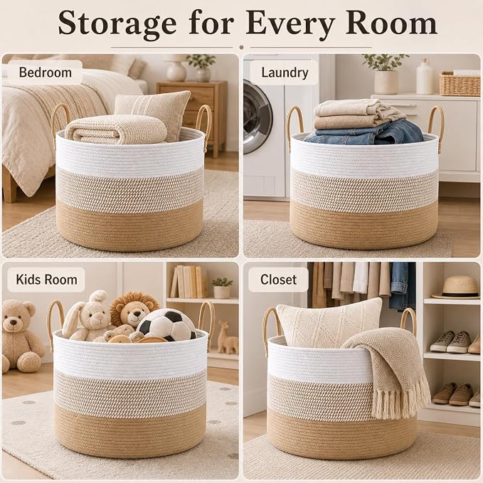JMvicyroam 65L Extra Large Blanket Basket for Living Room - Woven Cotton Rope Laundry Hamper with Reinforced Handles - Storage Bin for Pillows, Comforters & Toys - Machine Washable,White&Jute Mix