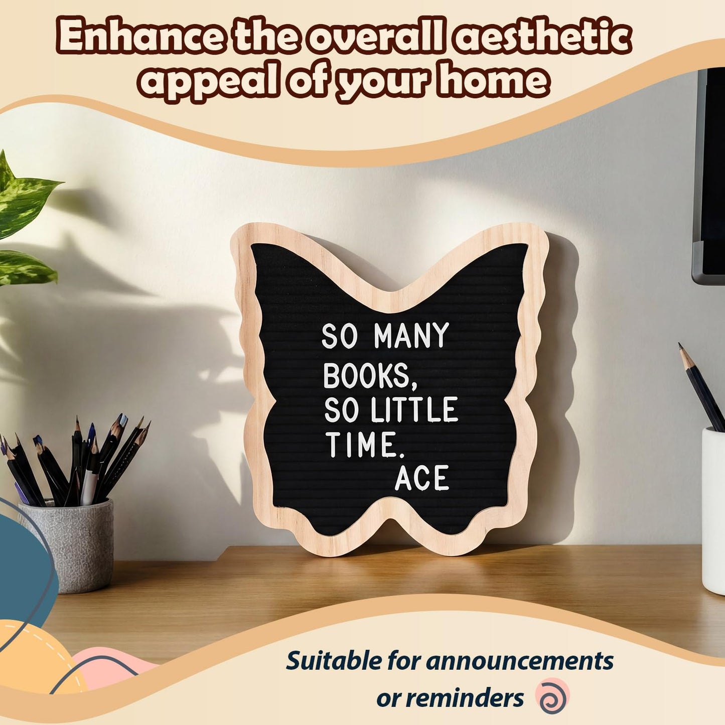 Geyoga Felt Letter Board with 294 Letters Numbers Symbols, 10 x 10 Inch Changeable Message Board with Wooden Frame, Butterfly Shaped Pregnancy Announcement Black Wood Sign, Wall Mount or Stand