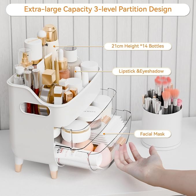 Yieach White Make up Organizers for Counter,Vanity and Dresser,Bathroom Makeup Organizer Countertop,Large Makeup Storage Organizer for Hair Tool,Beauty Products,Skin Care and Cosmetic Display Cases