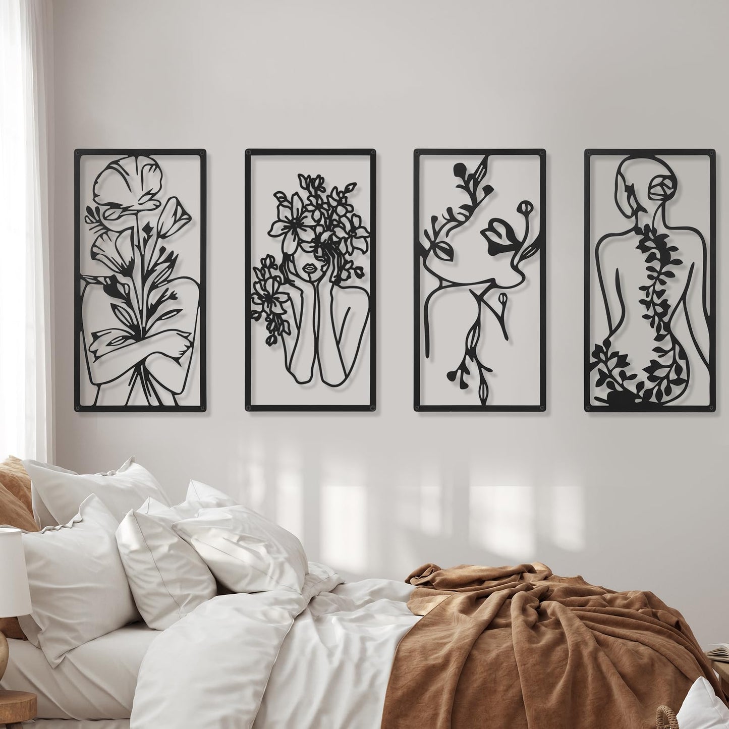 Cindeer 4 Pcs Metal Wall Art Decor Minimalist Abstract Woman Wall Art Line Drawing metal line art Home Hanging Art Decor for Bedroom Kitchen Bathroom Living Room(Fresh,Black)