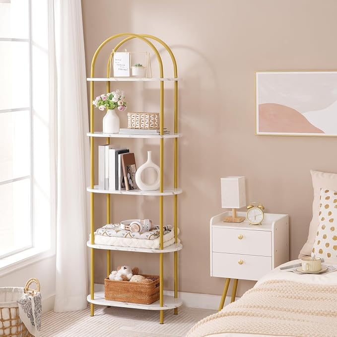 HOOBRO 5 Tier Open Bookshelf, Industrial Arched Bookcase Display Shelf Rack, Wooden Bookcase Storage Shelf Metal Frame, Tall Storage Organizer for Home, Easy Assembly, Gold DM176SJ01