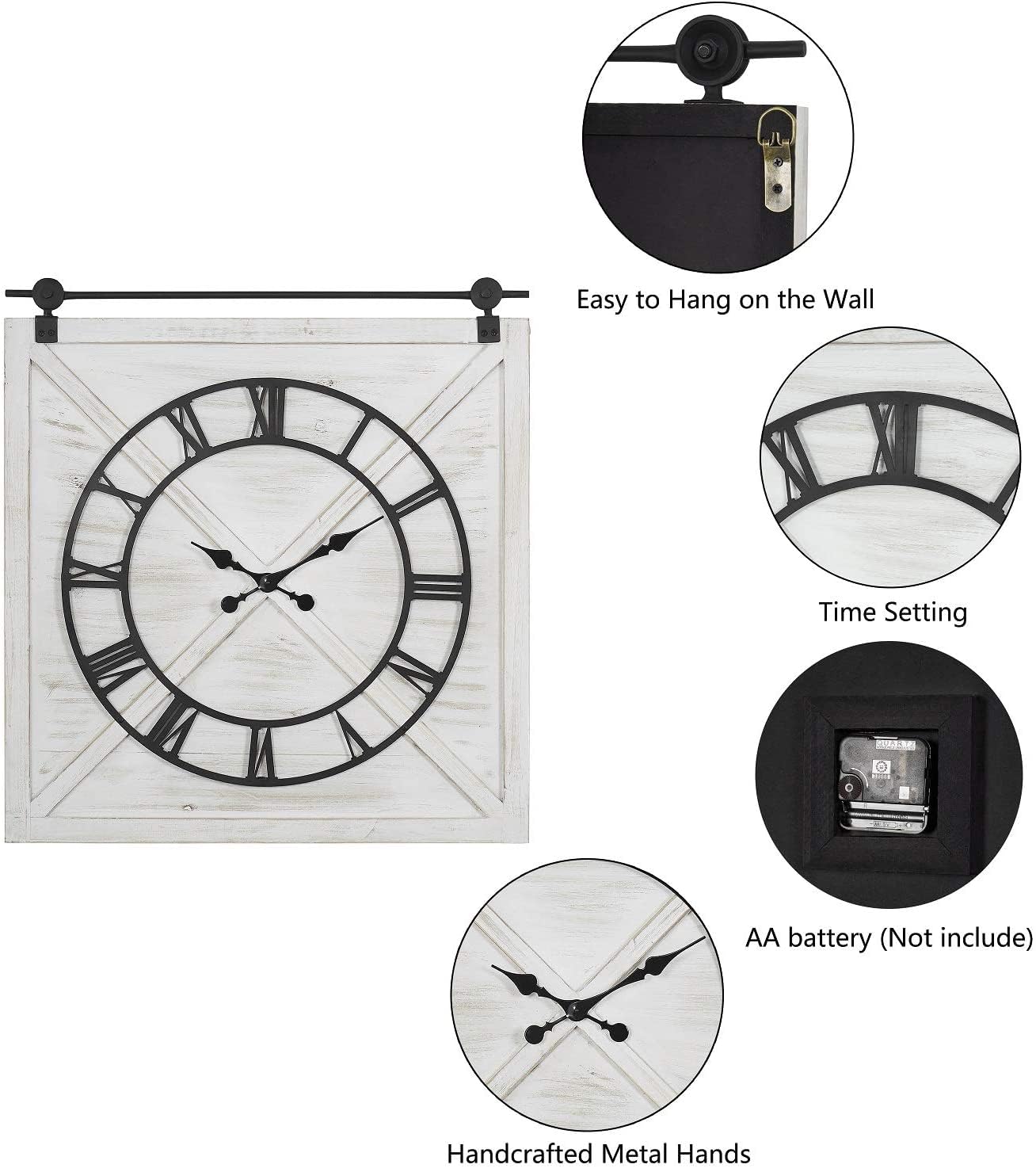 FLORA Large Farmhouse Wall Clock,Rustic Barn Door Wall Clocks for Living Room Decor, Battery Operated 29.5" H x 27" W, Whitewash