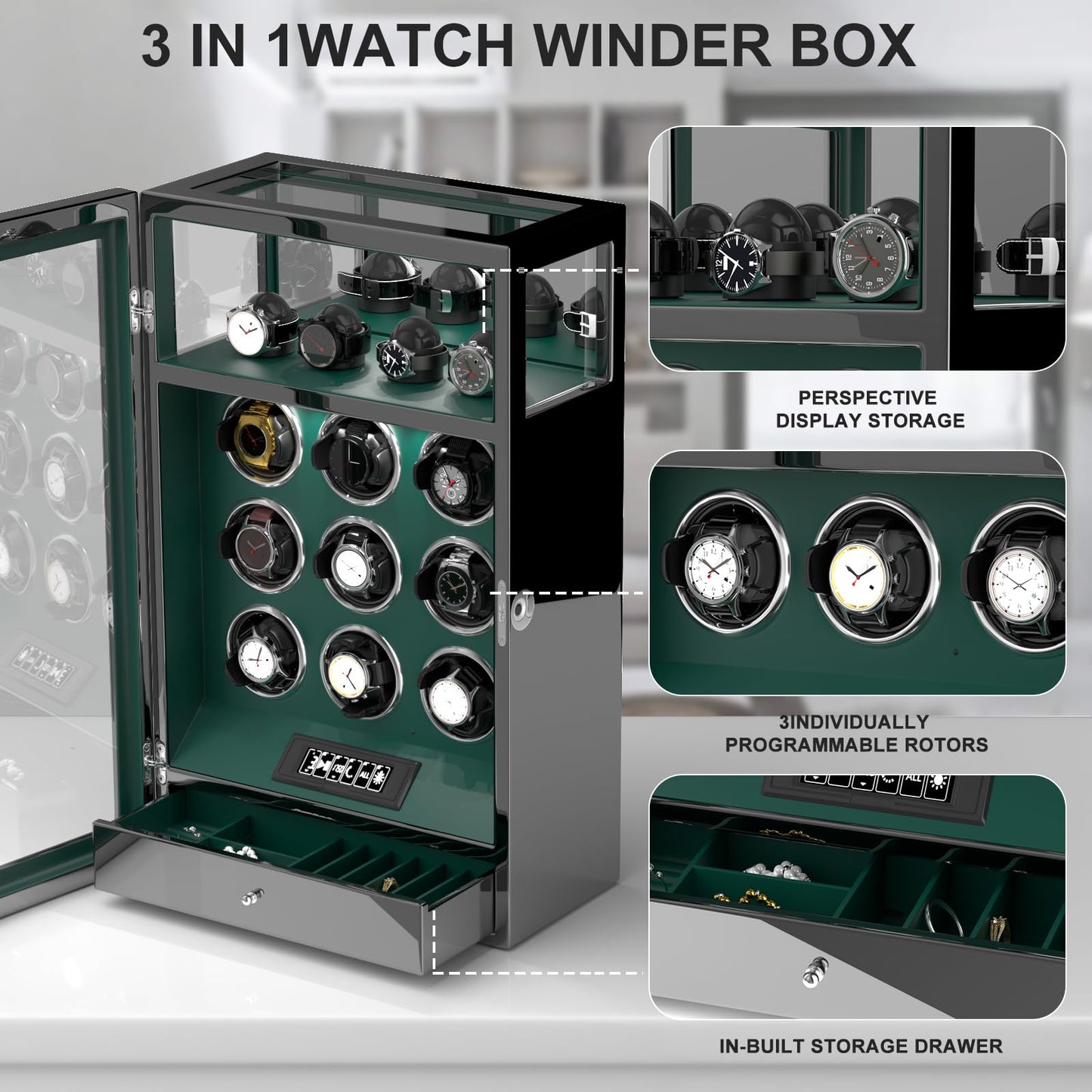 DUKWIN Watch Winder, Fingerprint Lock Automatic Watch Winder for 9 Watches with 4 Holders,300-2300 TPD,Digital Display, Remote Control,Jewelry Storage and Adjustable Watch Pillow and LED Light,Green