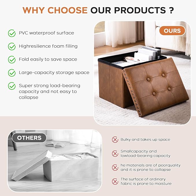 oakvivo Folding Storage Ottoman 16x12x12 inches, Small Faux Leather Foot Rest Stool with Button Tufted Rivet Design, Footstool Bench, Ottoman with Storage for Living Room Bedroom Coffee Table, Brown