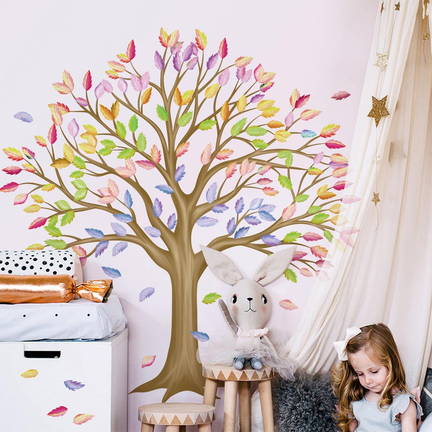 RAINBOW WSK Large Brown Tree Wall Decals Colorful Leaves Wall Stickers Peel and Stick Family Classroom Removable Vinyl Decals for Kids Room Nursery Living Room MUP1854