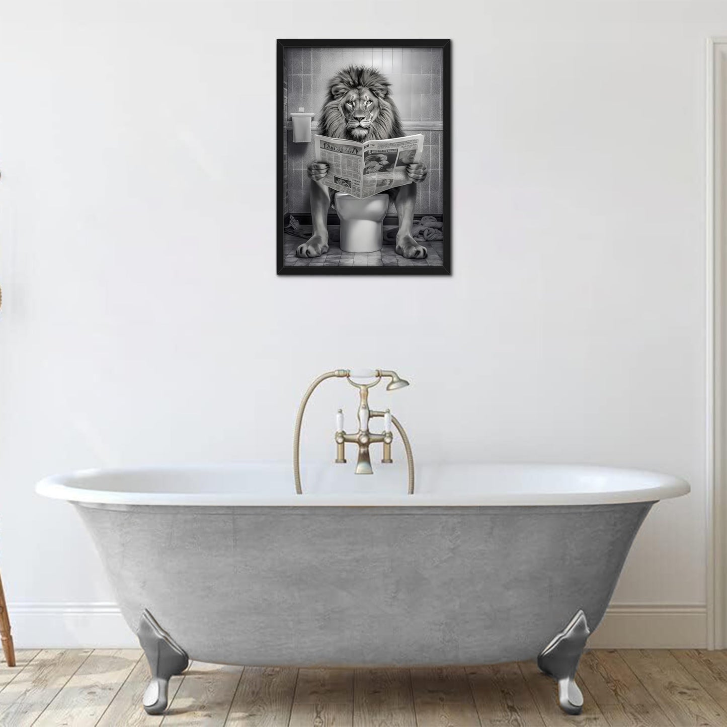 Funny Lion Bathroom Wall Art, Black and White Lion in Toilet Wall Decor, Humorous Animal Restroom Poster Canvas Painting Prints Artwork 8x10 inch Framed