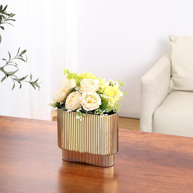 Ribbed Vase, Gold Glass Vase for Flowers, Gold Flower Vases for Tulips, Modern Vases for Living Room, Dining Table, Office, Bedroom, Mantle, Shelf, Wedding, 7 Inch