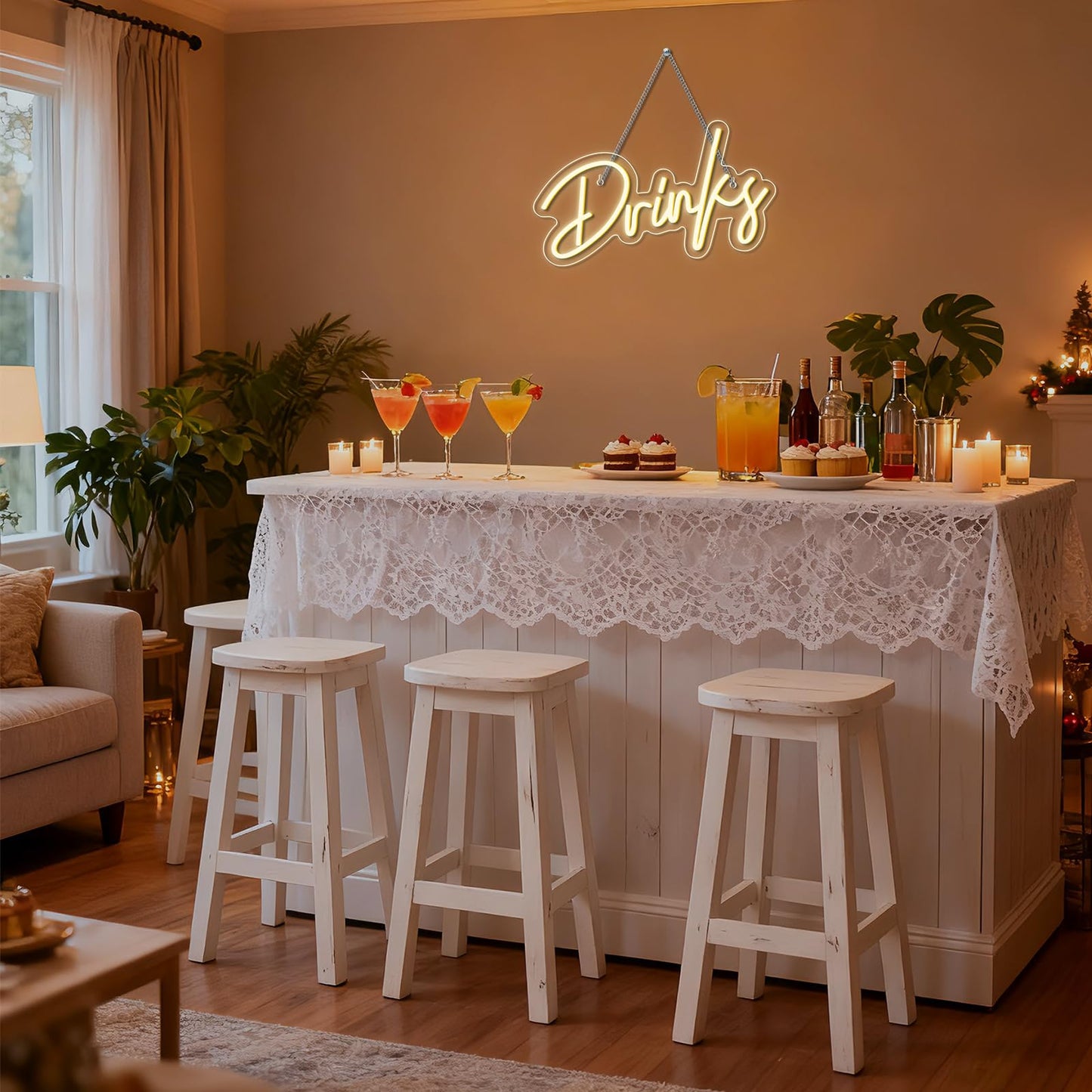 Looklight Drinks Neon Sign,Letters Bar Neon Light,Led Neon Signs for Wall Decor,Warm White Neon Light Sign,USB Light Up Sign for Kitchen Restaurant Bar Cart Accessories Christmas