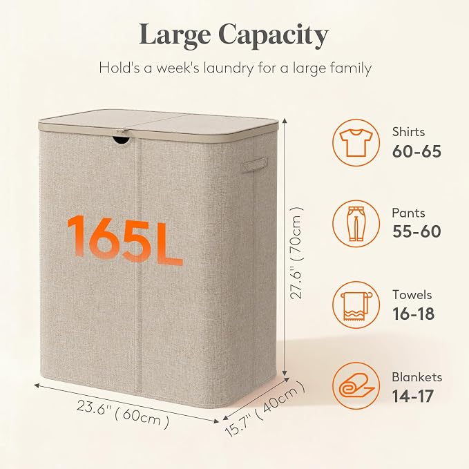 Lifewit 165L 3 Section Laundry Hamper with Lid, Large Laundry Basket with Handles and Removable Bags, Tall Clothes Hamper, Foldable Laundry Sorter for Bedroom Bathroom, Beige