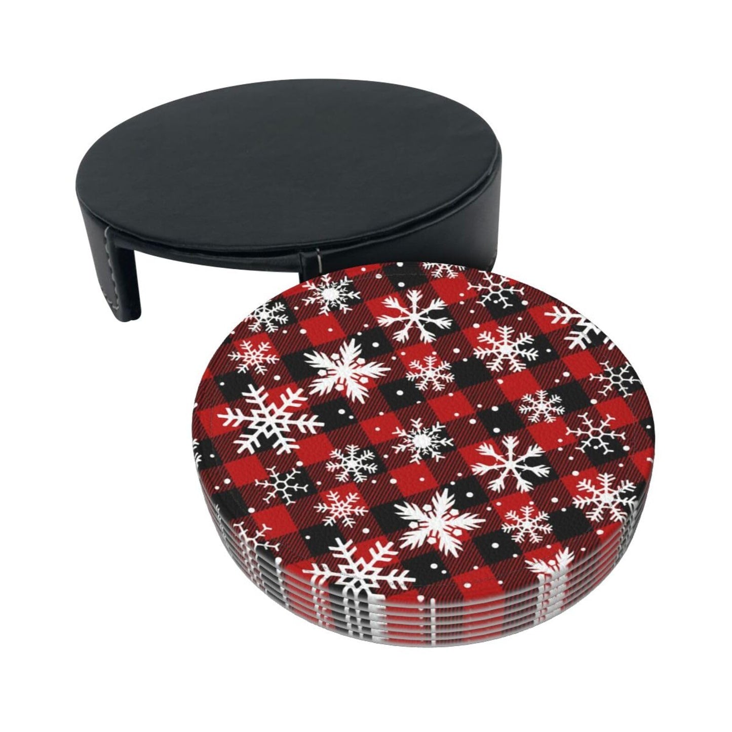 6 Pcs Christmas Coasters for Women Men, 4 Inch Xmas Red Plaid Coaster with Holder for Home Kitchen Office Table Decor