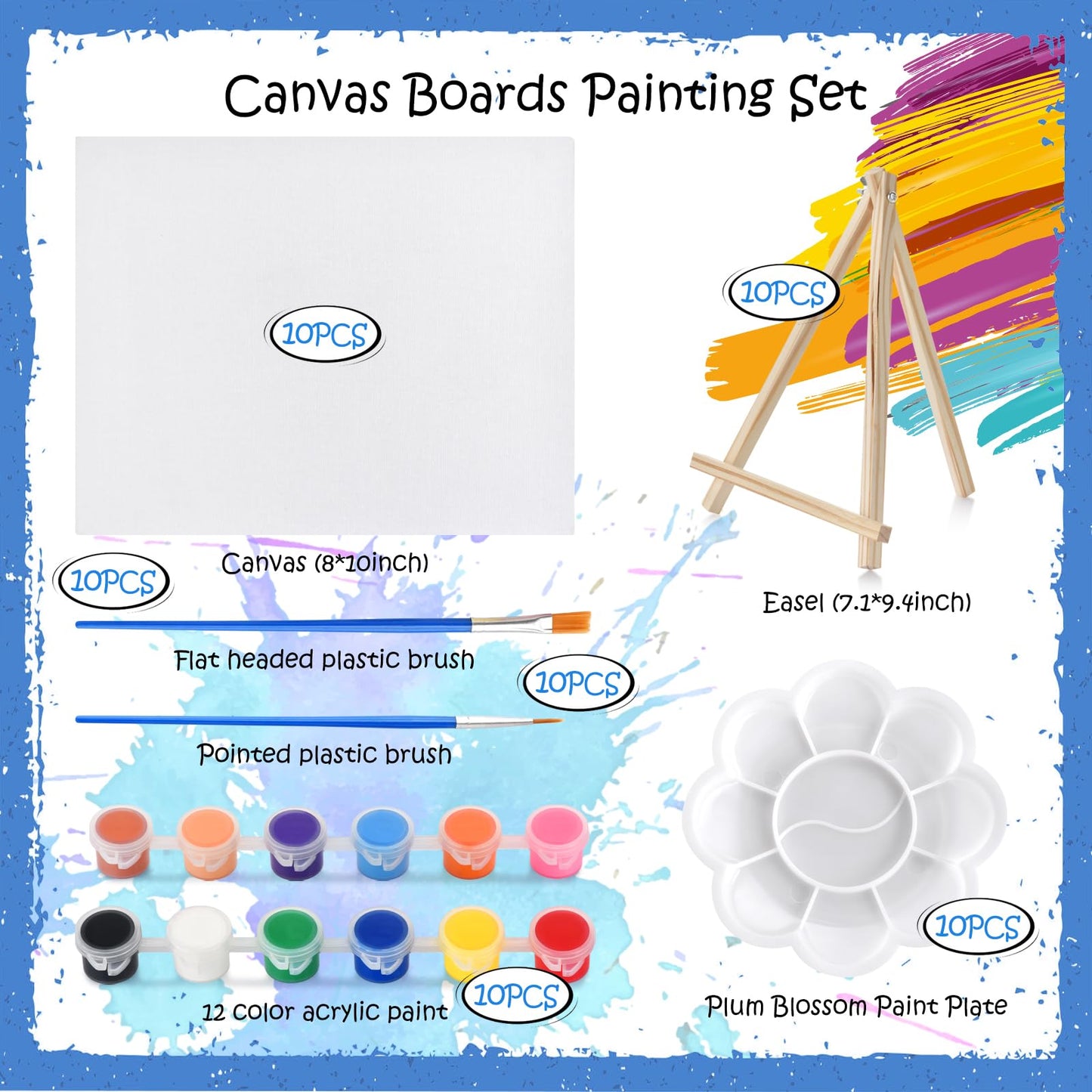 10 Set Canvas Painting Kit, 8 x 10In Canvas Boards with Easels, 12 Color Acrylic Paints, Brushes, Palettes, Art Supplies for Beginners – Paint and Sip Kit for Adults, Couples Painting Kit Date Night
