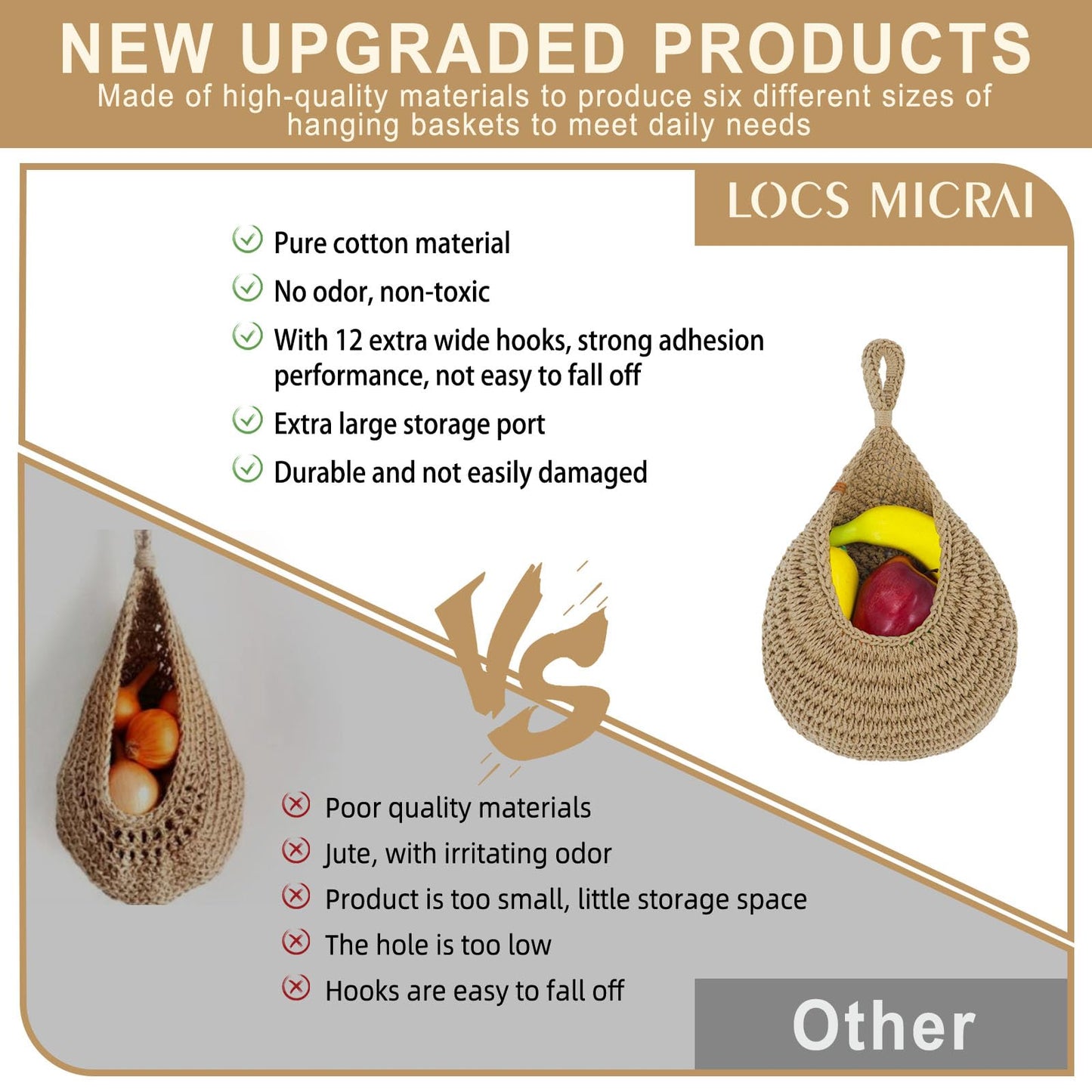 LOCS MICRAI Hanging Fruit Baskets for Kitchen - 6 Pack Boho Wall Hanging Basket,Handwoven Wall Fruits Basket,for Garlic Potato Vegetable Onion Teardrop Home Hanging Storage Baskets(Brown Classic)
