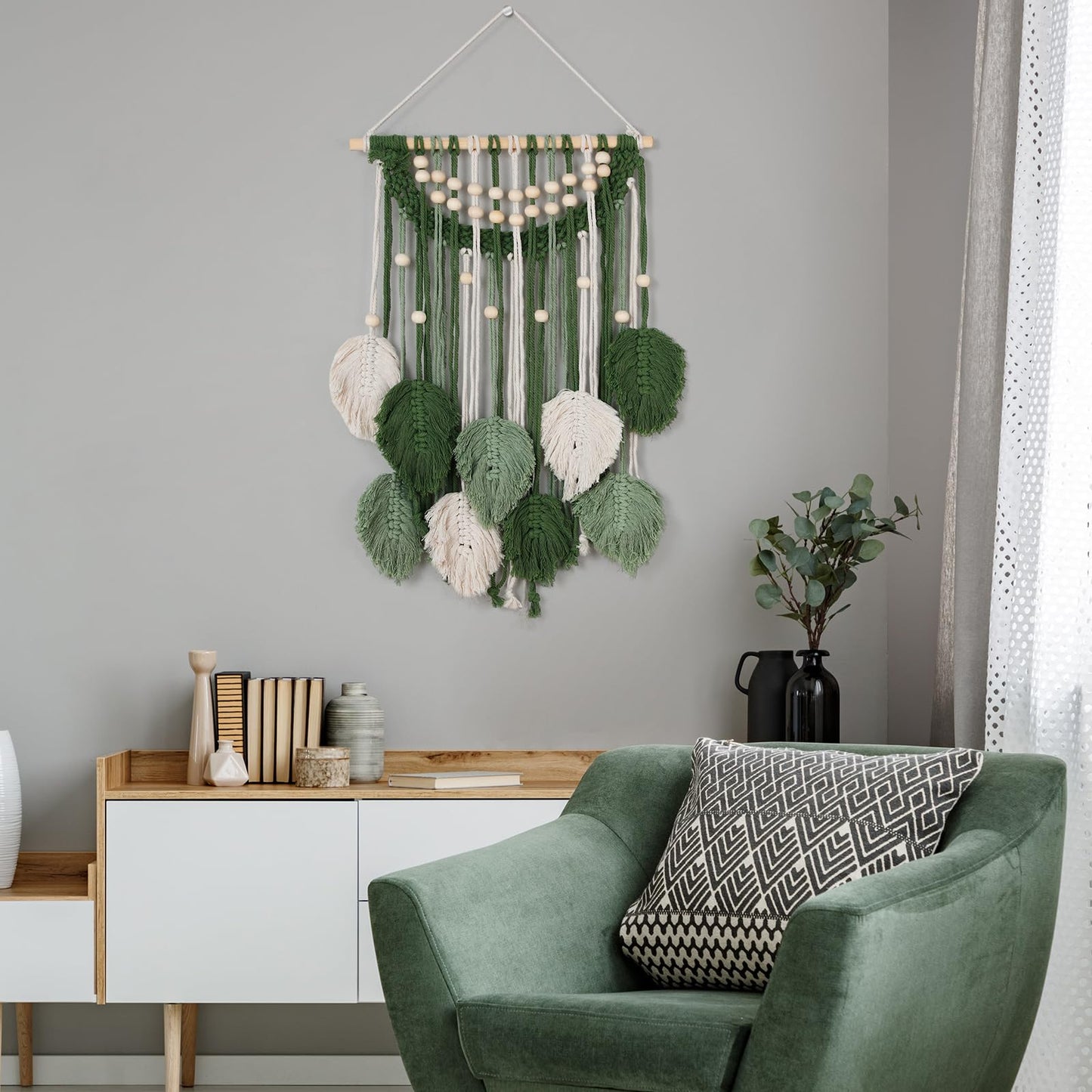 Newwiee Leaves Macrame Wall Hanging Boho Feather Macrame Wall Decor Woven Tapestry Green Stylish Feather Hanging for Nursery Bedroom Living Room 27.6 x 15.8 Inch