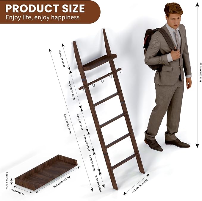 Farmhouse Wooden Blanket Ladder with Shelf,6-Tier Rustic Quilt Towel Rack Decorative Holder Wall Leaning Storage with Removable Hooks for Home Living Room Bedroom Decor Brown