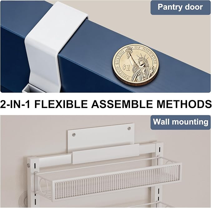 Over the Door Pantry Organizer 9 Tier Hanging Door or Wall Mounted Spice Rack with Adjustable Acylic Basket,Heavy Duty Metal Seasoning Storage Shelf for Kitchen Pantry and Bathroom White