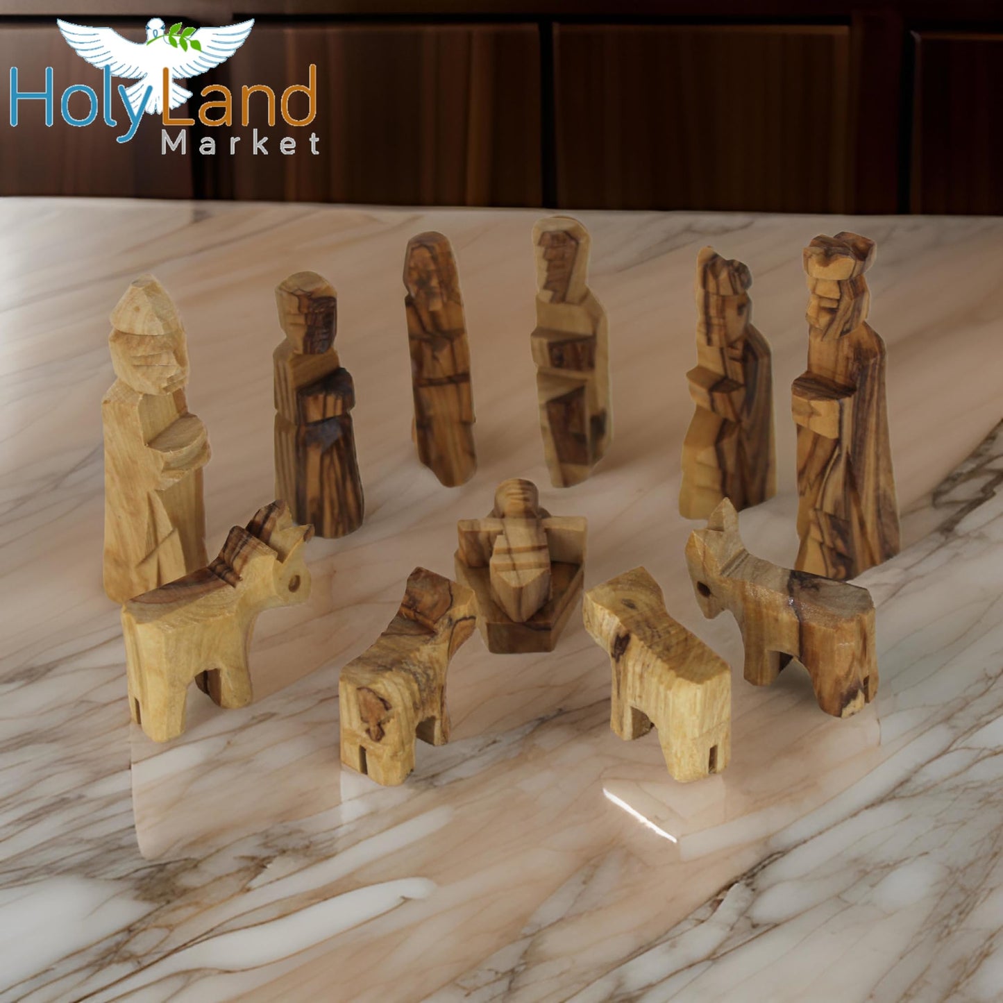 Holy Land Market Olive Wood Children's Nativity Scene - 12-Piece Indoor Wooden Nativity Set, Handmade in Bethlehem, with Pictorial Story Booklet & Authenticity Certificate, 3-Inch Figures