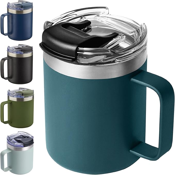 12oz Insulated Coffee Mug Cup with Handle, Stainless Steel Travel Coffee Mug with Flip Lid, Double Wall Vacuum Coffee Tumbler,Ocean Teal