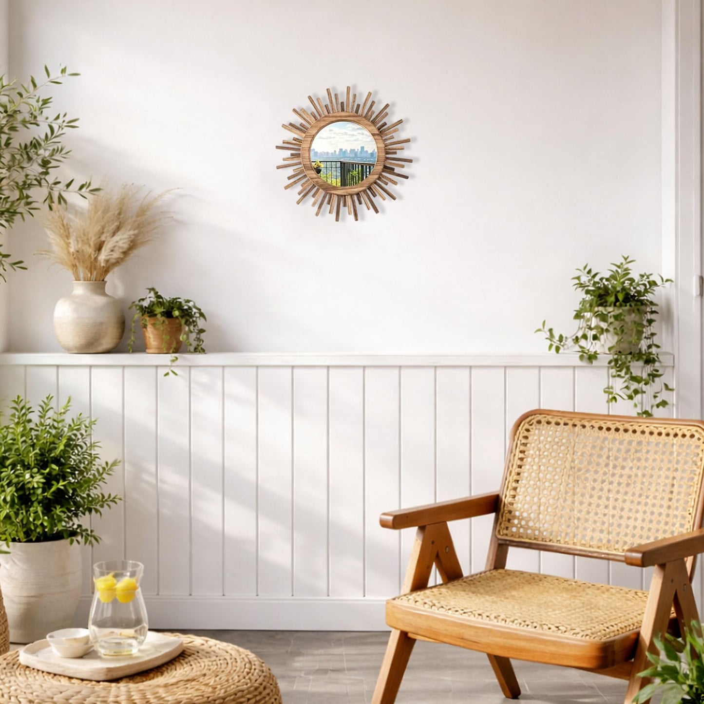 amoard 12 Inch Boho Sunburst Mirror, Round Wooden Wall Decor Starburst Sun Mirror for Bedroom, Living Room, Bathroom, Hallway, Balcony, Farmhouse Entryway, Housewarming Gift