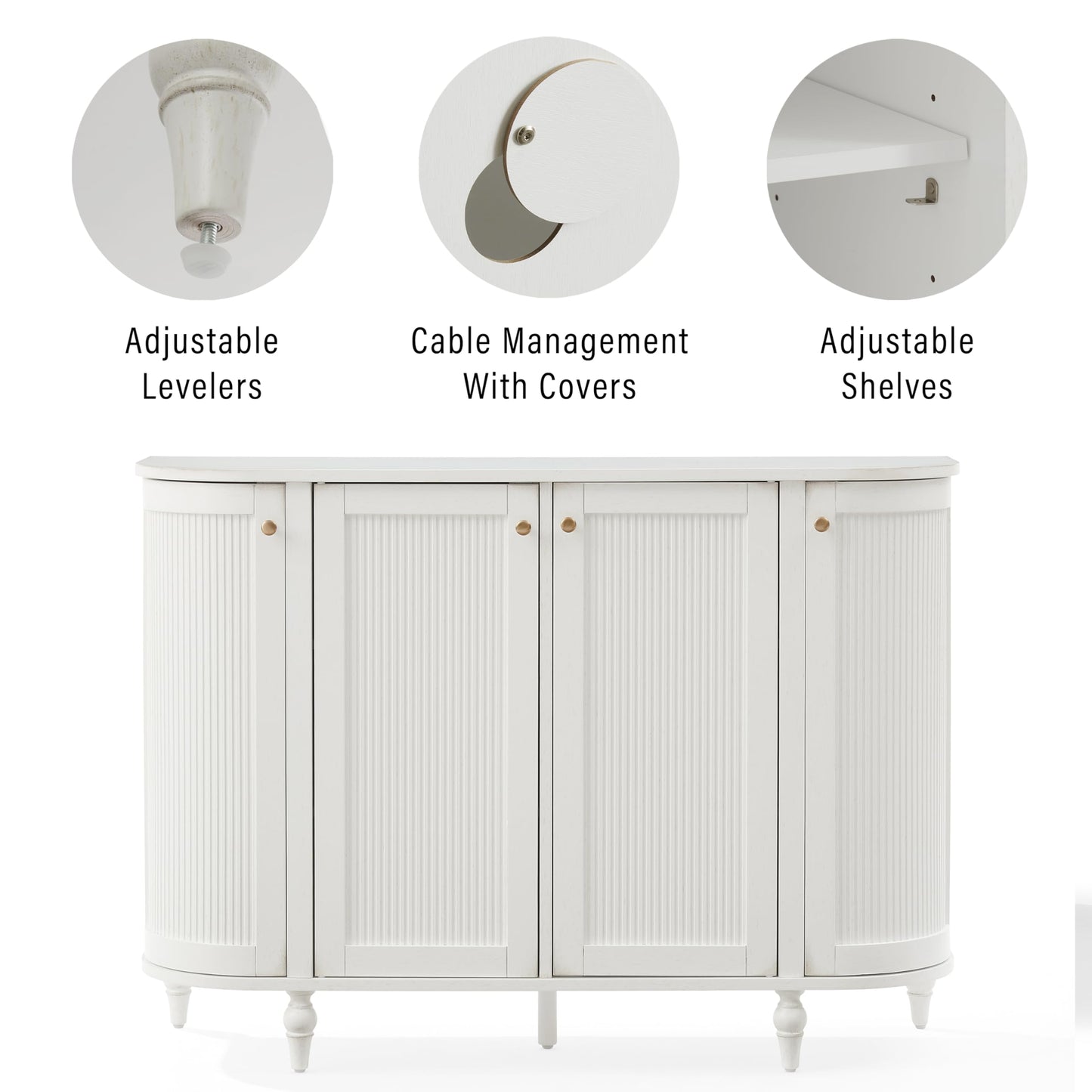 Crosley Furniture Monique Sideboard Traditional Buffet Cabinet with Storage Shelves, Fluted Doors, Distressed White