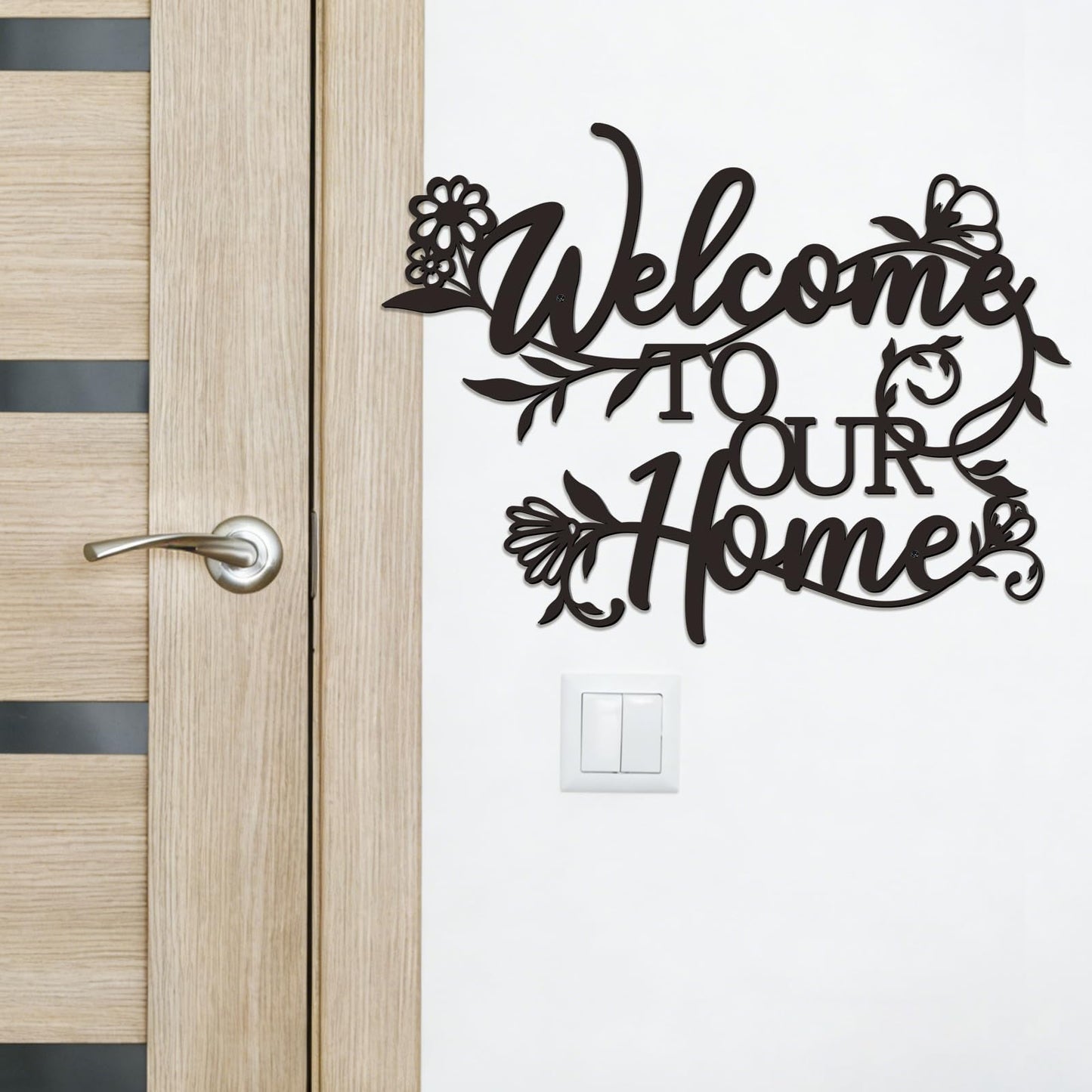 Zzbakress Welcome Sign - Outdoor Metal Wall Decor, Welcome To Our Home Sign Entryway Wall Decor, Text And Flowers Black Metal Wall Art For Living Room, Dining Room, Porch, Entry (Floral)