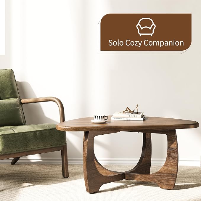 Coffee Table for Living Room - Mid Century Modern Coffee Tables with Triangle Top, Unique Small Round Coffee Table, Wood Oval Tea Table with Solid Legs for Bedroom, 35.8"x 22.5" x 16.2" Walnut
