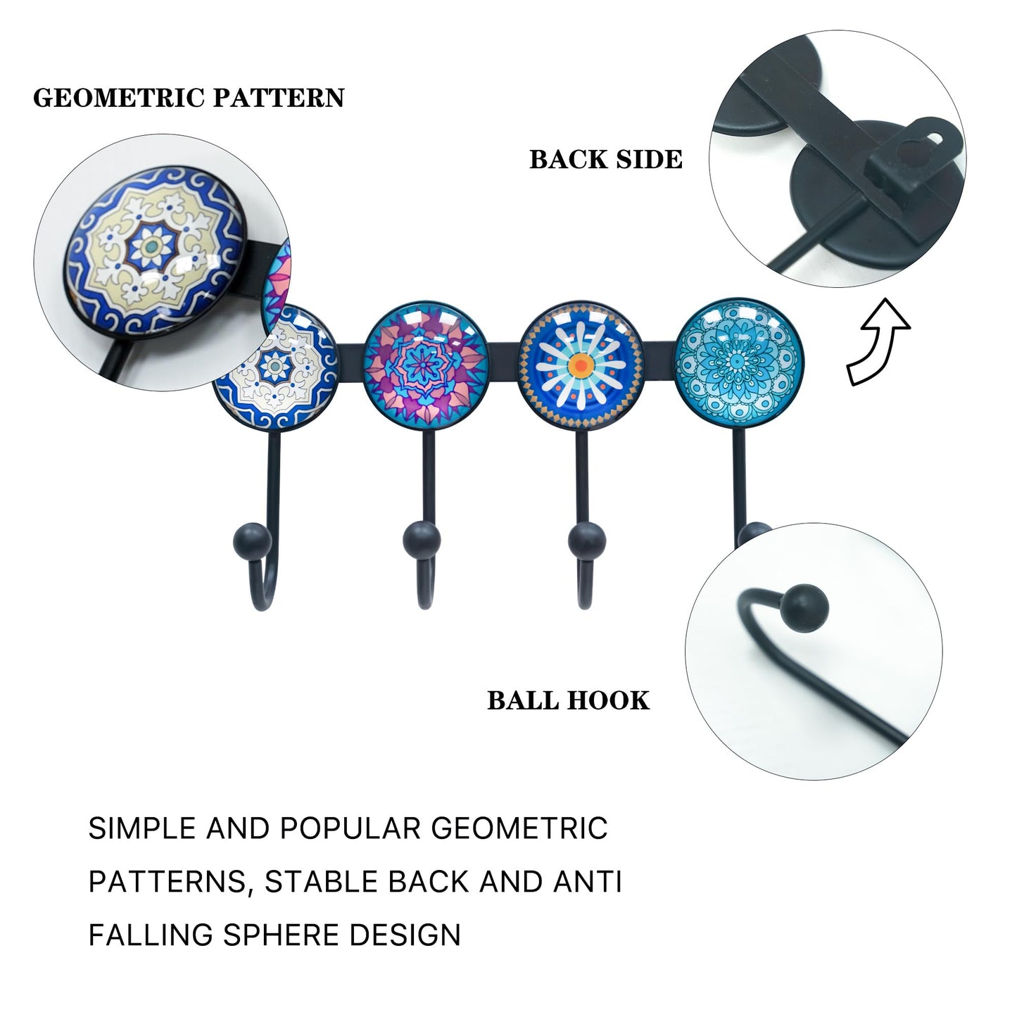Banllis Coat Rack Wall Mounted with 4 Hooks, Round Blue Pattern Decorative Wall Hooks for Hanging Hat, Key, Towel, Purse, Bag and Robe, for Entryway Bathroom Organizer Hanger