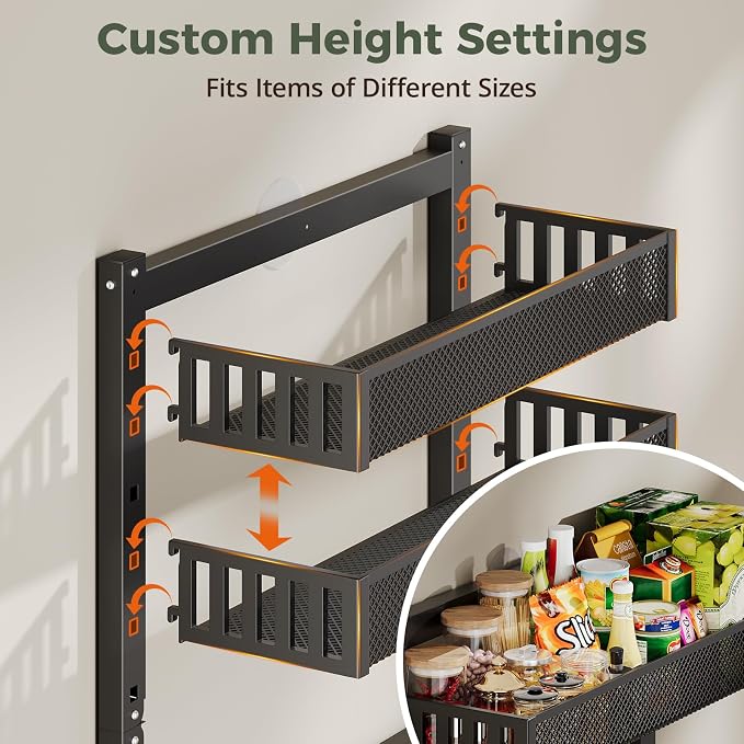 POKIPO 8-Tier Over the Door Pantry Organizer, 2 IN 1 Wall Mount or Hanging Spice Rack with Adjustable Raised Basket, Heavy Duty Back of Door Storage for Kitchen Bathroom Laundry Room