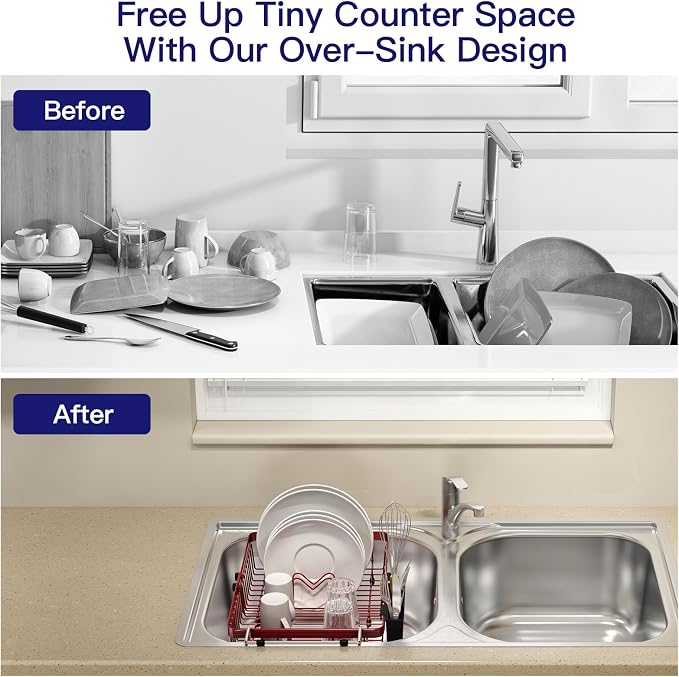 MAJALiS Red Dish Drying Rack Over The Sink, Expandable Stainless Steel Dish Drainer for Small Kitchen Counter Space Saving, RV Compact Plate Strainer in Metal with Hanging Adjustable Utensil Holder