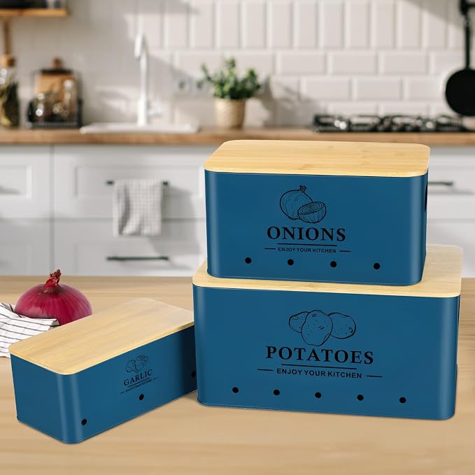 Kitchen Vegetable Storage Set of 3, Metal Onion Garlic Potato Storage Set, Kitchen Canisters Vegetable Keeper Containers with Aerating Holes and Bamboo Lid,Dark Blue