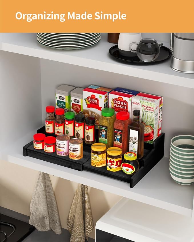 VenDotbi Spice Rack, 3-Tier Expandable Bamboo Spice Rack Organizer for Cabinet - Kitchen, Pantry and Cupboard Storage Organizer-Black