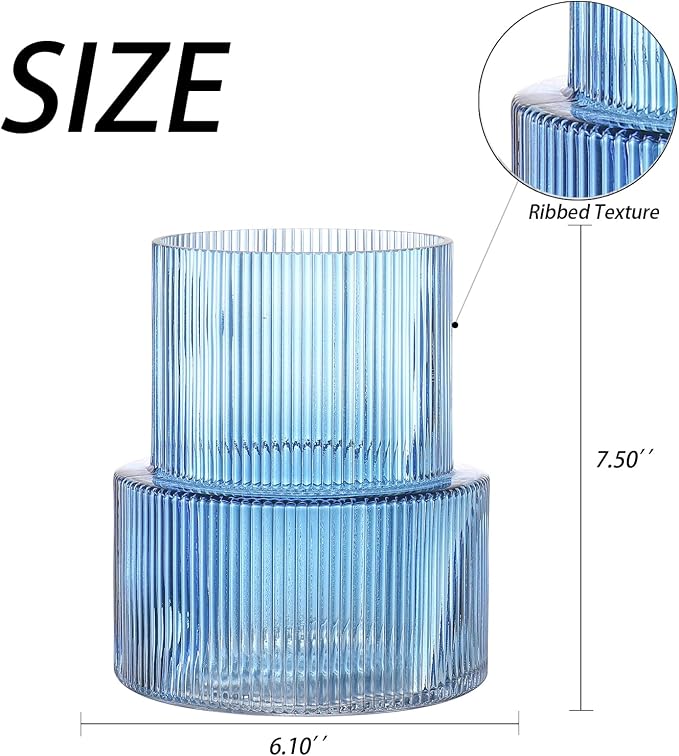 Blue Glass Vase, Ribbed Glass Vase for Tulips, Flower Vases for Bouquet, Blue Modern Vases for Living Room, Dining Table, Entryway, Mantle, Shelf, Wedding, Office, 7.5 Inches