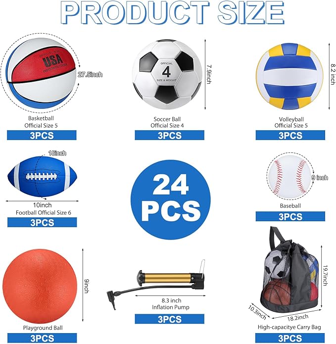Leyndo 18 Pcs Sports Ball Set for Kids, Official Size Basketball Football Soccer Ball Playground Volleyball Baseball Outdoor Sport Equipment Bag and Pump Back to School Gift