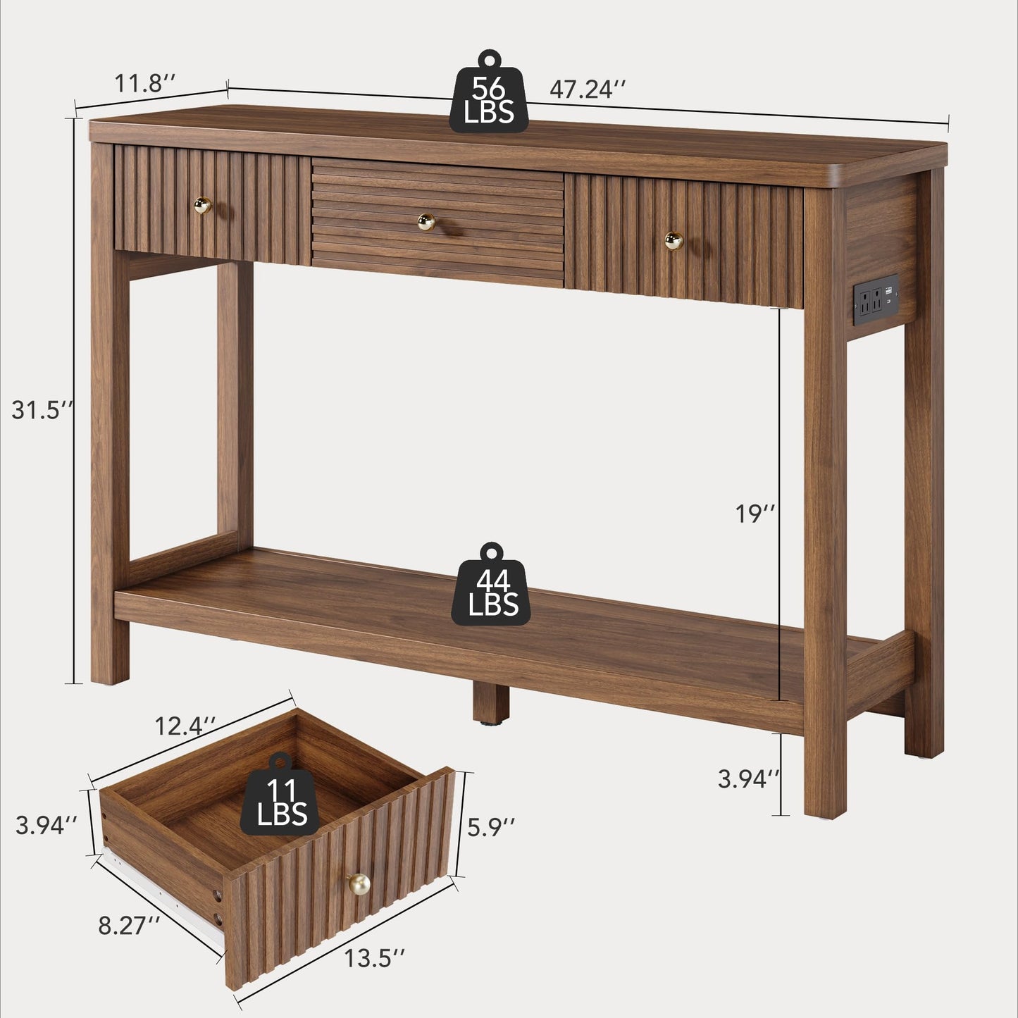 47 Inch Fluted Console Table with Outlets and USB-C Port, Mid Century Modern Sofa Table with 3 Drawers and Open Shelf, Entryway Table with Charging Station for Behind Couch, Hallway, Foyer, Walnut