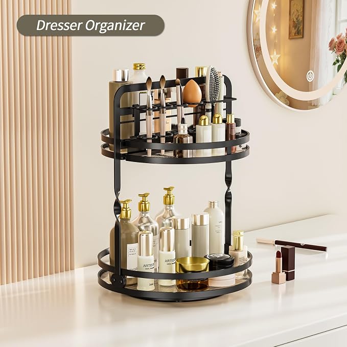 360° Rotating Makeup Organizer, 2-Tier Black Perfume Organizer for Dresser, Bathroom Organizers Countertop, Perfume Shelf with Makeup Brush Holder, Skincare Holder Cosmetic Display(Black)