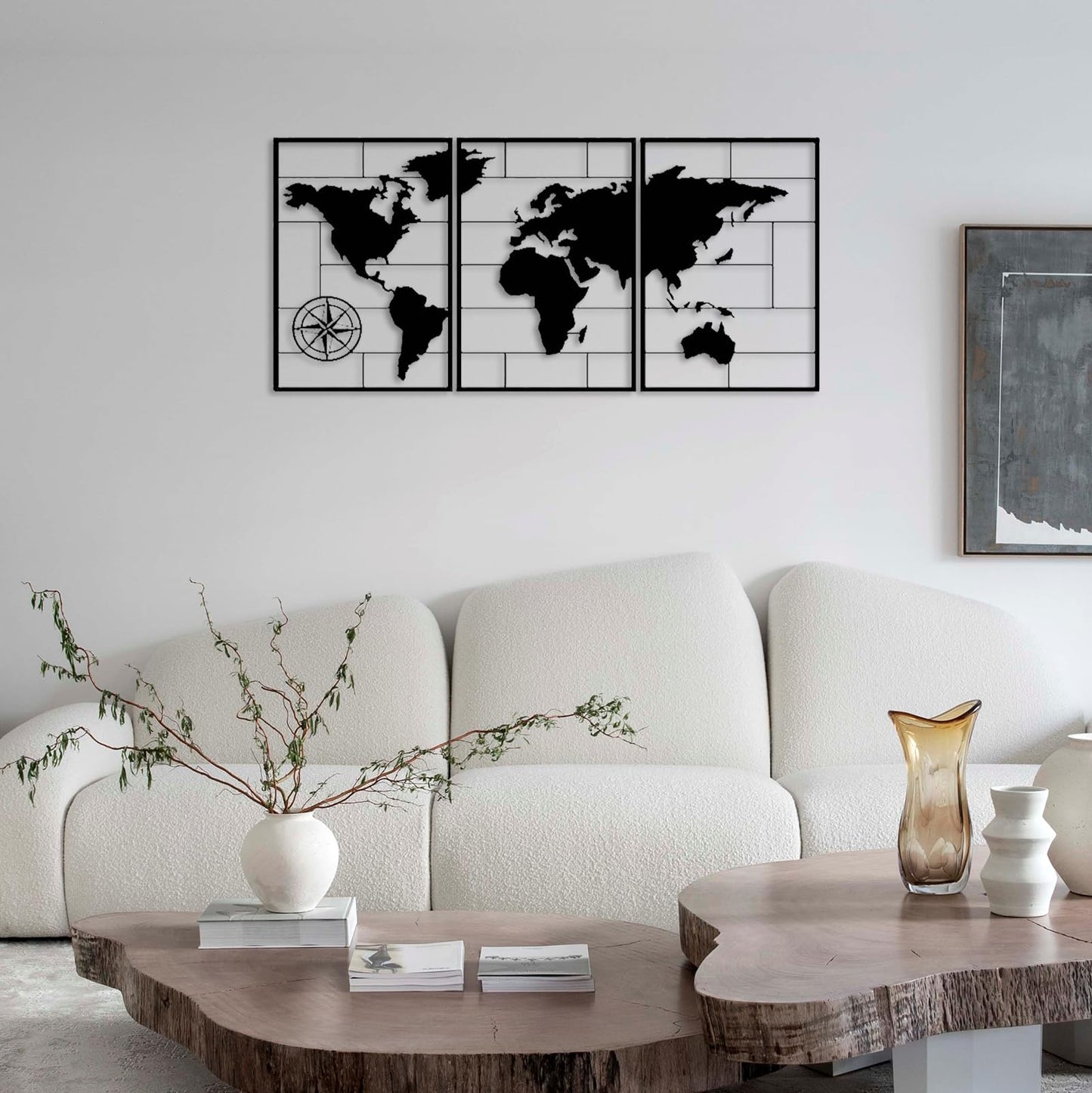 DUOOLN 3-Piece Metal World Map Wall Decor Art, Abstract Minimalist Hanging Sculpture, Travel Enthusiast Gift, Perfect Travel-Themed Artwork, Home Office Hotel Decoration - Black, 33.8“ W x 15.7” H / 86x40cm