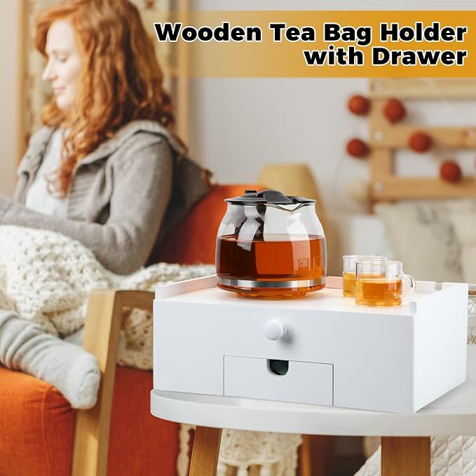 Cinnvoice Tea Bag Organizer Wood Tea Organizer Storage Box 8 Compartments Container Holder with Lid to Storage and Keep Fresh(White)