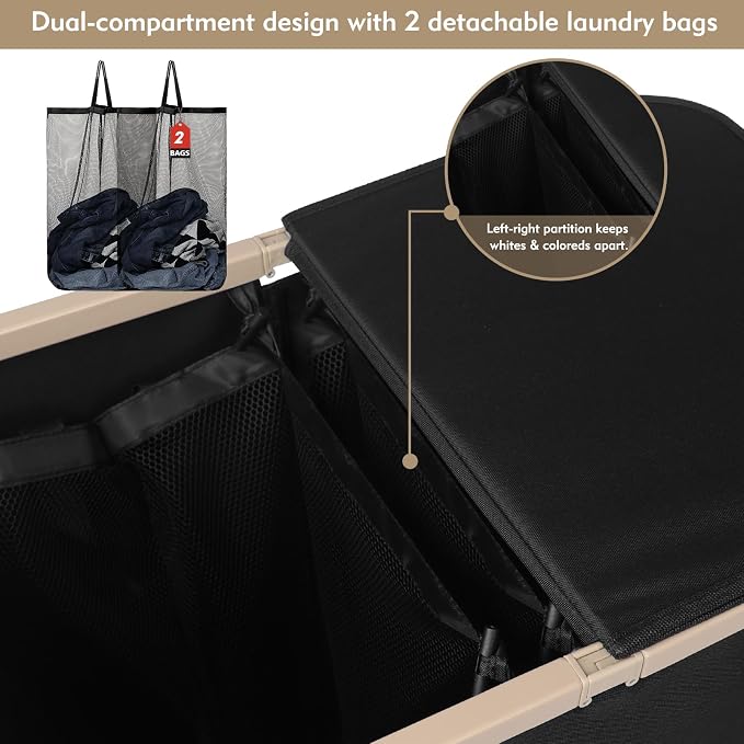 DOKEHOM 160L Extra Large Laundry Hamper with Lid, 2-Section Double Laundry Basket with Removable Mesh Liner Bags, Collapsible Clothes Sorter for Family, Bedroom, Laundry Room, Black