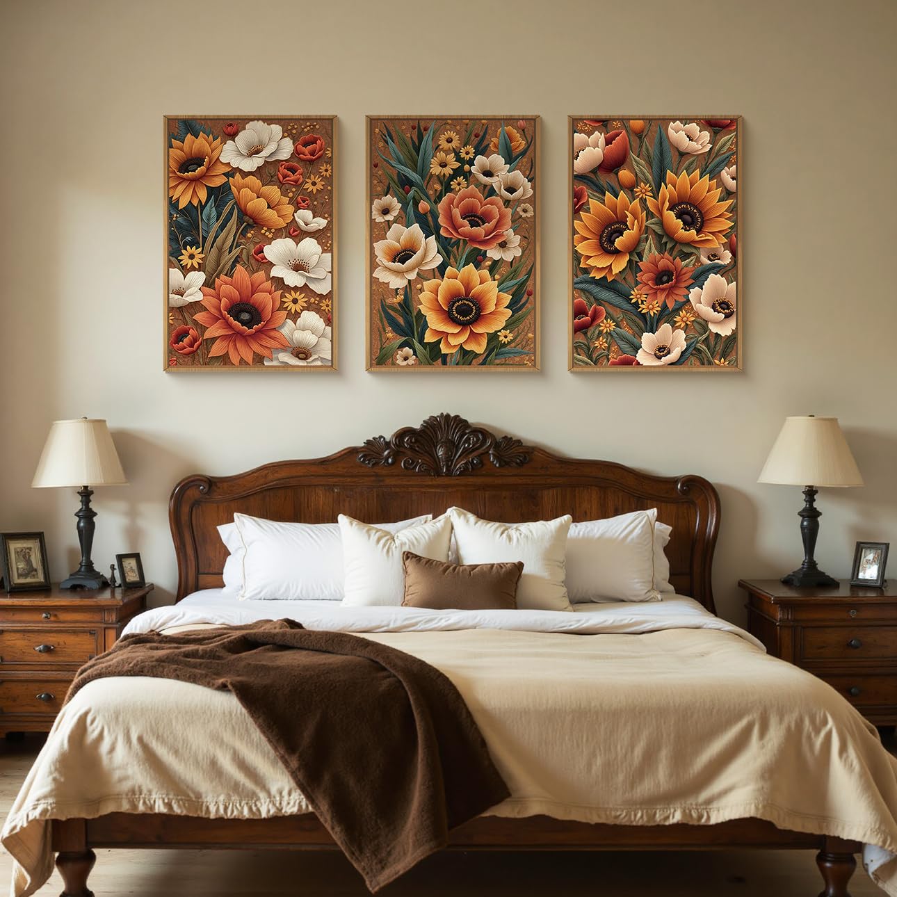 BICERE Large Boho Flower Botanical Framed Canvas Wall Art,Abstract Floral Wall Decor,Embroidery Plant Wall Painting,Bloom Wildflower Artwork for Living Room,Bedroom,Dining Room,Office -24"x36"x3